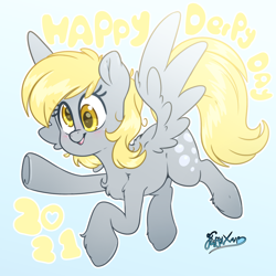 Size: 2000x2000 | Tagged: safe, artist:fluffyxai, derpy hooves, pegasus, pony, g4, cute, derpy day, flying, happy, high res, looking at you, smiling, text, waving at you
