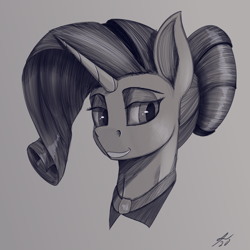 Size: 2160x2160 | Tagged: safe, artist:tenebrisnoctus, rarity, pony, unicorn, alternate hairstyle, bust, female, grin, lidded eyes, mare, monochrome, portrait, signature, sketch, smiling, solo
