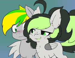 Size: 2195x1690 | Tagged: safe, artist:pure red, oc, oc:bree jetpaw, pegasus, pony, cowlick, female, flirting, freckles, male, open mouth, pegamutt, spots, straight