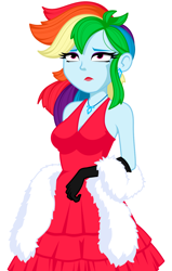 Size: 890x1401 | Tagged: safe, artist:rosemile mulberry, rainbow dash, equestria girls, g4, alternate hairstyle, breasts, cleavage, clothes, dress, ear piercing, earring, evening gloves, eyeshadow, feather boa, female, gloves, jewelry, lipstick, long gloves, makeup, necklace, piercing, rainbow dash always dresses in style, rainbow dash is not amused, red dress, red lipstick, simple background, sleeveless, solo, tomboy taming, unamused