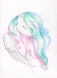 Size: 2179x2960 | Tagged: safe, artist:yeahbutthendragons, princess celestia, alicorn, pony, g4, bust, colored pencil drawing, eyes closed, female, high res, mare, portrait, signature, simple background, solo, traditional art, white background