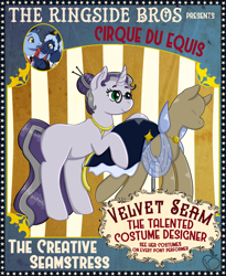 Size: 2300x2800 | Tagged: safe, artist:peachy-pea, part of a set, oc, oc only, pony, unicorn, series:cirqueduequis, circus, clothes, dress, dress form, ear fluff, female, high res, mannequin, mare, meta, pins, poster, seamstress, sewing, solo