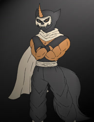 Size: 1024x1326 | Tagged: safe, artist:gh0stzr01, oc, oc only, unicorn, anthro, biceps, black background, cape, clothes, crossed arms, digital art, horn, looking at you, male, mask, mortal kombat, muscles, pants, shirt, simple background, solo, tail