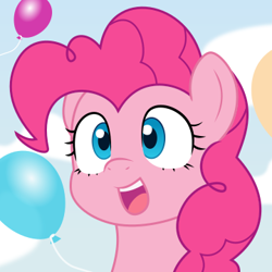 Size: 360x360 | Tagged: safe, ai assisted, ai content, artist:catachromatic, derpibooru exclusive, generator:thisponydoesnotexist, pinkie pie, earth pony, pony, g4, ai interpretation, balloon, bust, cute, female, mare, open mouth, open smile, portrait, sky background, smiling, solo, vector, vector trace