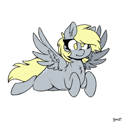 Size: 1600x1600 | Tagged: safe, artist:skoon, derpibooru exclusive, derpy hooves, pegasus, pony, g4, chest fluff, female, flying, signature, simple background, smiling, solo, spread wings, strabismus, transparent background, wings