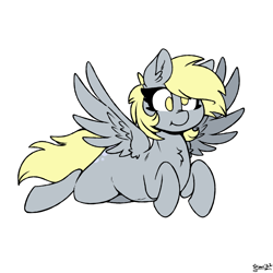 Size: 1600x1600 | Tagged: safe, alternate version, artist:skoon, derpibooru exclusive, derpy hooves, pegasus, pony, g4, chest fluff, female, flying, signature, simple background, smiling, solo, spread wings, strabismus, white background, wings