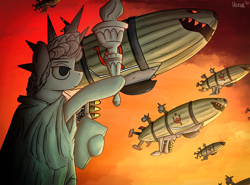 Size: 3508x2600 | Tagged: safe, artist:uteuk, earth pony, pony, airship, bomb, command and conquer: red alert, hammer and horseshoe, high res, kirov airship, red alert, statue of liberty, weapon