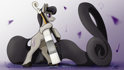 Size: 3840x2160 | Tagged: safe, artist:tenebrisnoctus, octavia melody, earth pony, pony, g4, bipedal, bow (instrument), cello, dock, female, high res, impossibly long tail, mare, musical instrument, petals, puddle, reflection, signature, solo, treble clef