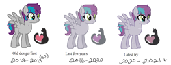 Size: 1255x481 | Tagged: safe, artist:hippykat13, artist:sabokat, oc, oc only, oc:kitty sweet, cat, pegasus, pony, bags under eyes, base used, character development, cute, eyeshadow, female, freckles, heart, heterochromia, makeup, mare, multicolored hair, ponified, scar, short hair, short mane, solo, text, timeline, wings