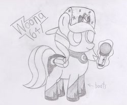 Size: 1489x1232 | Tagged: safe, artist:theunidentifiedchangeling, princess luna, oc, oc only, oc:woon64, alicorn, pony, boots, check mark, closed mouth, cutie mark, eyes open, female, filly, friday night funkin', hat, horn, levitation, looking at something, magic, microphone, name, shoes, solo, standing up, telekinesis, wings, woona, younger