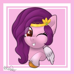 Size: 2000x2000 | Tagged: safe, artist:itsnovastarblaze, pipp petals, pegasus, pony, g5, abstract background, adorapipp, cute, ear fluff, female, grin, high res, hoof fluff, mare, one eye closed, red eyes, red-eyed pipp, signature, smiling, solo, teeth, unshorn fetlocks, wing fluff, wink