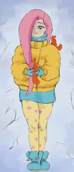 Size: 487x1132 | Tagged: safe, artist:escapist, fluttershy, human, squirrel, g4, blushing, bundled up for winter, clothes, colored sketch, cute, female, gloves, humanized, jacket, leggings, shoes, shyabetes, solo
