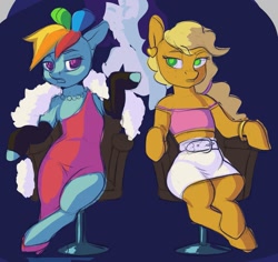 Size: 1313x1240 | Tagged: safe, artist:escapist, applejack, rainbow dash, earth pony, pegasus, pony, g4, alternate hairstyle, applejack also dresses in style, belt, bracelet, chair, clothes, colored sketch, dress, duo, ear piercing, earring, feather boa, female, gloves, hoof gloves, hoof shoes, jewelry, long gloves, mare, necklace, piercing, rainbow dash always dresses in style, short shirt, sitting, skirt, tomboy taming, wip