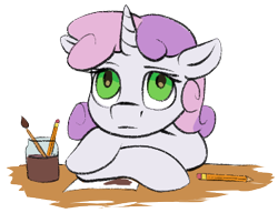 Size: 354x272 | Tagged: safe, artist:escapist, sweetie belle, pony, unicorn, g4, blank stare, floppy ears, paintbrush, pencil, simple background, solo, transparent background