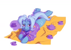 Size: 1593x1118 | Tagged: safe, artist:escapist, part of a set, trixie, pony, unicorn, g4, alternate hairstyle, babysitter trixie, blanket, clothes, cup, hoodie, lying down, pigtails, prone, simple background, solo, teacup, teapot, that pony sure does love teacups, twintails, white background