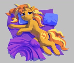 Size: 1447x1240 | Tagged: safe, artist:escapist, part of a set, sunset shimmer, pony, unicorn, g4, blanket, gray background, lying down, pillow, simple background, solo