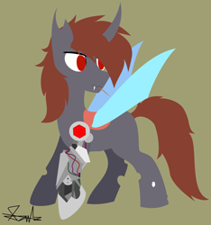 Size: 3572x3819 | Tagged: safe, artist:samsailz, oc, oc:jax, changeling, pony, unicorn, fangs, high res, lineless, mechanical hands, red changeling, red eyes, robotic arm, toothpick, wings