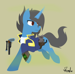 Size: 3416x3370 | Tagged: safe, artist:samsailz, oc, oc only, cat, pony, unicorn, fallout equestria, 21, badass, bag, commission, cute, fallout, female, gas, gun, high res, lineless, magic, pipboy, saddle bag, smoke, solo, toothpick, weapon