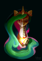 Size: 1873x2707 | Tagged: safe, artist:teaflower300, princess celestia, alicorn, pony, freeny's hidden dissectibles, g4, black background, bone, bust, dissectibles, glowing, jewelry, regalia, simple background, skeleton, solo, spine
