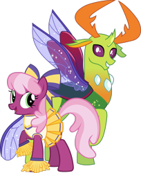 Size: 2403x2948 | Tagged: safe, artist:doctor-g, artist:lightningbolt, derpibooru exclusive, edit, cheerilee, thorax, changedling, changeling, g4, the cart before the ponies, .svg available, cheerileeder, cheerleader, clothes, crack shipping, curved horn, duo, female, grin, happy, high res, horn, horns, insect wings, king thorax, looking at you, male, open mouth, pom pom, raised hoof, shipping, show accurate, simple background, skirt, smiling, spread wings, standing, straight, thorilee, transparent background, vector, wings