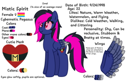 Size: 2400x1596 | Tagged: safe, artist:froyo15sugarblast, oc, oc only, oc:mistic spirit, cyborg, original species, pegasus, pony, cutie mark, cybernetic eyes, cybernetic pony, cybernetic wings, eye clipping through hair, female, mare, pansexual, pansexual pride flag, pride flag, reference sheet, simple background, small pony, smol, solo, transparent background, wings