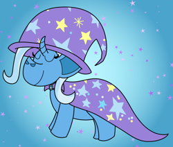 Size: 640x543 | Tagged: safe, artist:greys-art-blogue, trixie, pony, unicorn, g4, cape, clothes, eyes closed, gem, hat, horn, stars