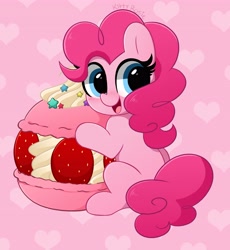 Size: 3773x4096 | Tagged: safe, artist:kittyrosie, part of a set, pinkie pie, earth pony, pony, g4, cute, diapinkes, food, heart, herbivore, high res, kittyrosie is trying to murder us, macaron, open mouth, part of a series, pink background, remake, simple background, sitting, solo, strawberry, sweet dreams fuel, whipped cream