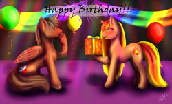 Size: 1024x617 | Tagged: safe, artist:jengaleia, oc, oc only, oc:blaze firestorm, oc:courageous heart, alicorn, earth pony, pony, alicorn oc, commission, cutie mark, digital art, duo, eyes closed, female, happy, happy birthday, hooves, horn, male, mare, present, sitting, stallion, tail, wings