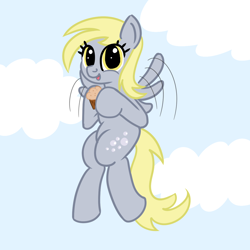 Size: 1200x1200 | Tagged: safe, artist:dafiltafish, derpy hooves, pegasus, pony, g4, cloud, flying, food, muffin, solo