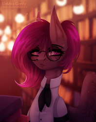 Size: 1179x1500 | Tagged: oc name needed, safe, artist:elektra-gertly, oc, oc only, pegasus, pony, book, bust, clothes, commission, glasses, library, neckerchief, shirt, solo, ych result