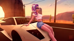 Size: 1920x1080 | Tagged: safe, artist:elektra-gertly, starlight glimmer, anthro, g4, 3d, belly button, cactus, car, clothes, commission, desert, eyeshadow, female, flower, flower in hair, lamborghini, makeup, mascara, midriff, paintover, pinup, shorts, sitting on car, solo, source filmmaker, telephone pole