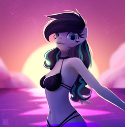 Size: 1064x1080 | Tagged: safe, artist:elektra-gertly, coloratura, earth pony, anthro, g4, 3d, alternate hairstyle, backlighting, belly button, bikini, black bikini, black swimsuit, breasts, clothes, female, sexy, solo, source filmmaker, sun, swimsuit