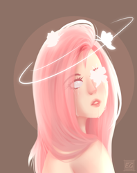 Size: 950x1200 | Tagged: safe, artist:elektra-gertly, fluttershy, butterfly, human, g4, blank eyes, bust, crying, eye clipping through hair, female, humanized, solo