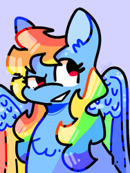 Size: 768x1024 | Tagged: safe, artist:fr0z3n-f3nn3k, rainbow dash, pegasus, pony, g4, alternate design, blue background, bust, colored wings, kidcore, multicolored wings, rainbow wings, simple background, solo, wings