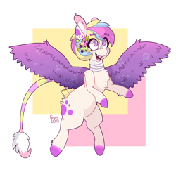 Size: 2490x2408 | Tagged: safe, artist:opossum-stuff, oc, oc only, pegasus, pony, female, high res, leonine tail, mare, open mouth, smiling, solo, spread wings, wings