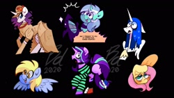 Size: 1920x1080 | Tagged: safe, artist:opossum-stuff, derpy hooves, fluttershy, lyra heartstrings, princess celestia, rarity, starlight glimmer, alicorn, pegasus, pony, unicorn, g4, bandaid, blushing, bust, choker, clothes, converse, dialogue, dress, emo, evening gloves, female, gloves, jewelry, long ears, long gloves, looking at you, looking up, mare, necklace, open mouth, portrait, shoes, simple background, smiling, spread wings, teenage glimmer, teenager, three quarter view, wings