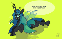 Size: 1024x657 | Tagged: safe, artist:opossum-stuff, queen chrysalis, changeling, changeling queen, g4, cloak, clothes, dialogue, female, lidded eyes, lying down, open mouth, prone, simp, speech bubble