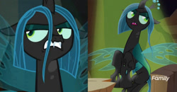 Size: 1024x533 | Tagged: safe, artist:opossum-stuff, edit, edited screencap, screencap, queen chrysalis, changeling, changeling queen, frenemies (episode), g4, discovery family logo, eyeroll, female, lidded eyes, open mouth, short hair, sitting, snarling, unamused