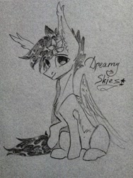 Size: 1040x1386 | Tagged: source needed, safe, artist:jsunlight, artist:julia-sunlight, edit, oc, oc only, oc:dreamer skies, pegasus, pony, looking at you, monochrome, pegasus oc, photography, pony oc, sitting, solo, text, traditional art