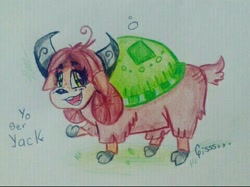 Size: 480x359 | Tagged: safe, artist:opossum-stuff, yona, yak, g4, bow, cloven hooves, female, hair bow, monkey swings, open mouth, smiling, solo, traditional art