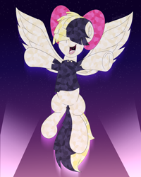 Size: 4800x6000 | Tagged: safe, alternate version, artist:aarondrawsarts, songbird serenade, crystal pony, pegasus, pony, g4, my little pony: the movie, commission, crystallized, female, frog (hoof), mare, smiling, solo, spotlight, spread wings, underhoof, wings