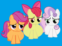 Size: 2852x2103 | Tagged: safe, artist:preggoapplebloom, edit, apple bloom, scootaloo, sweetie belle, earth pony, pegasus, pony, unicorn, g4, belly, big belly, blue background, bow, cursed image, cutie mark crusaders, female, foal, hair bow, high res, huge belly, implied foalcon, impossibly large belly, pregbloom, preggy belle, pregnant, pregnant apple bloom, pregnant edit, pregnant foal, pregnant scootaloo, pregnant sweetie belle, sad, simple background, trio, trio female