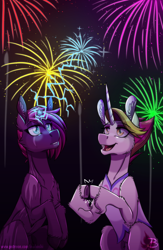 Size: 1012x1556 | Tagged: safe, artist:inuhoshi-to-darkpen, fire flare, fizzlepop berrytwist, tempest shadow, pony, unicorn, g4, my little pony: the movie, broken horn, clapping, clothes, fireworks, hooves, horn, scar, unshorn fetlocks