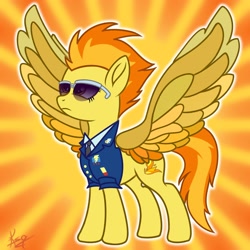 Size: 2500x2500 | Tagged: safe, artist:kirdim4ik, spitfire, pegasus, pony, g4, clothes, colored wings, high res, multicolored wings, simple background, solo, spread wings, sunglasses, uniform, wing bling, wings, wonderbolts dress uniform