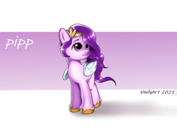 Size: 862x643 | Tagged: safe, artist:vinilyart, pipp petals, pegasus, pony, g5, abstract background, adorapipp, cute, female, gradient background, looking at each other, mare, red eyes, red-eyed pipp, smiling, solo, text, unshorn fetlocks