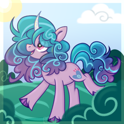 Size: 3000x3000 | Tagged: safe, artist:camikamen, izzy moonbow, pony, unicorn, g5, bush, cloud, female, grass, high res, mare, open mouth, sky, solo, sun, unshorn fetlocks