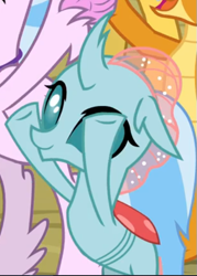 Size: 401x561 | Tagged: safe, screencap, ocellus, silverstream, smolder, changedling, changeling, g4, school daze, bipedal, cropped, cute, diaocelles, smiling, solo focus