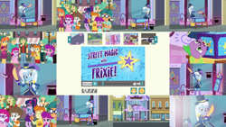 Size: 1280x721 | Tagged: safe, edit, edited screencap, editor:quoterific, screencap, gallop j. fry, lily longsocks, little red, sandalwood, sci-twi, spike, spike the regular dog, super funk, trixie, twilight sparkle, dog, human, equestria girls, g4, my little pony equestria girls: better together, street magic with trixie, clothes, collage, duo, female, glasses, hand, hat, magic, magic aura, magic hands, magic trick, male, open mouth, sword, teeth, weapon