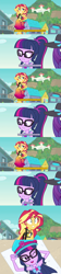 Size: 1915x8623 | Tagged: safe, artist:thejboy88, edit, edited screencap, screencap, rarity, sci-twi, sunset shimmer, twilight sparkle, equestria girls, equestria girls specials, g4, my little pony equestria girls: better together, my little pony equestria girls: forgotten friendship, cap, clothes, comic, duo, duo female, female, glasses, hat, one eye closed, open mouth, purse, screencap comic, swimsuit, teeth, wink