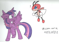 Size: 1280x924 | Tagged: safe, artist:cmara, twilight sparkle, alicorn, ledian, pony, g4, coccinellidaephobia, crossover, emanata, female, looking at each other, mare, pokémon, question mark, raised hoof, simple background, startled, traditional art, twilight sparkle (alicorn), white background